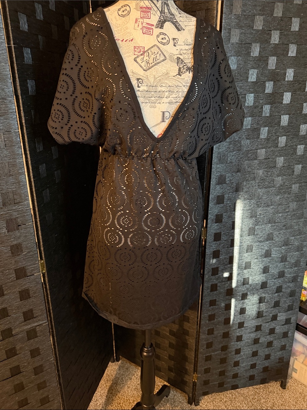 Black Eyelet V-Neck Short Sleeve Swim Coverup